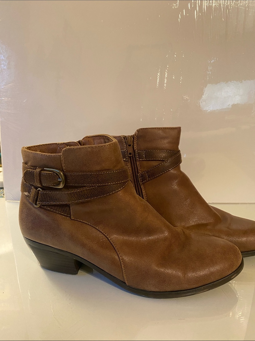 Kim Rogers Brown Leather-Look Ankle Booties with Buckle Strap